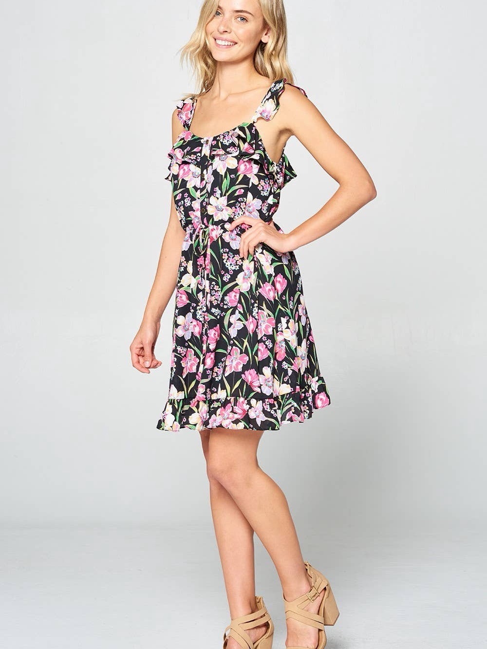 Floral Ruffle Sundress in Black and Pink